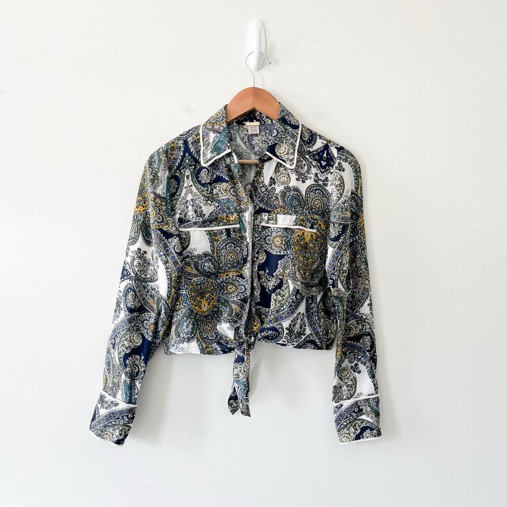 Magaschoni 100% Linen Floral Paisley Front Tie Button Up Shirt Top, Size XS